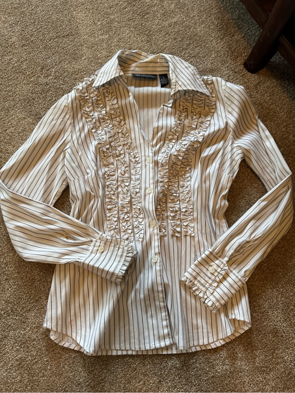 Ruffled Vertical Stripe Button-Up Shirt - White with Black Stripes